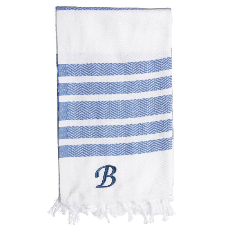 Authentic Royal Blue Bold Stripe Pestemal Fouta Turkish Cotton Bath/ Beach Towel with Monogram Initial