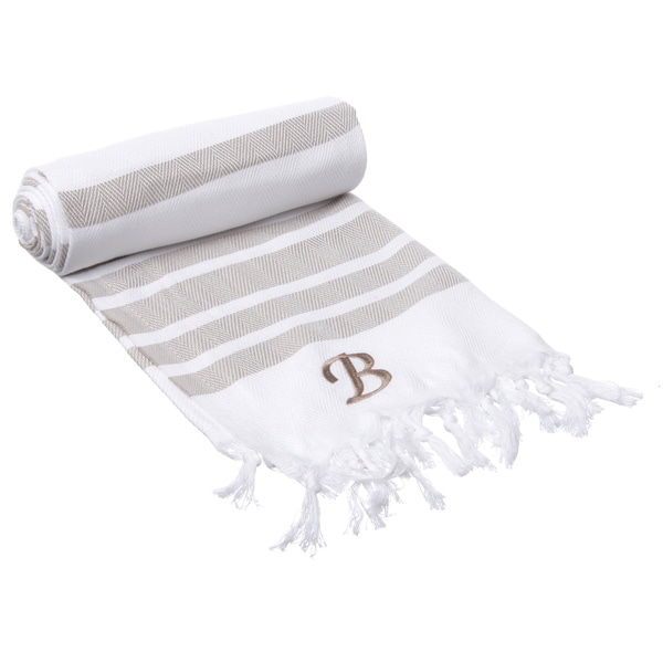 Authentic Pestemal Fouta Tan Bold Stripe Turkish Cotton Bath/ Beach Towel with Monogram Initial