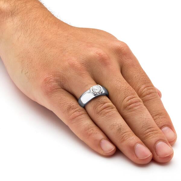 Mens 925 Sterling Silver Polished & Patterned Round Cut CZ Ring Mens 925 Sterling Silver Polished & Patterned Round Cut CZ Ring