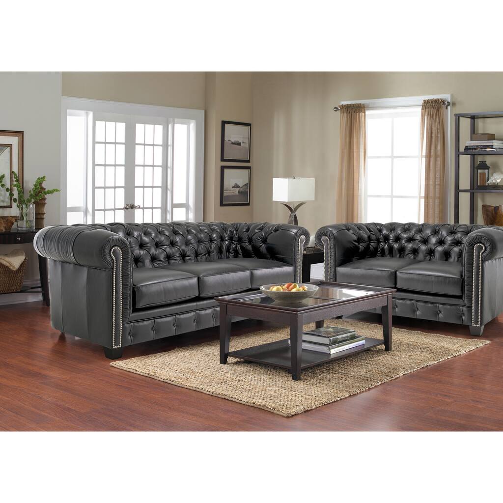 Hancock Tufted Black Italian Chesterfield Leather Sofa and Loveseat Set