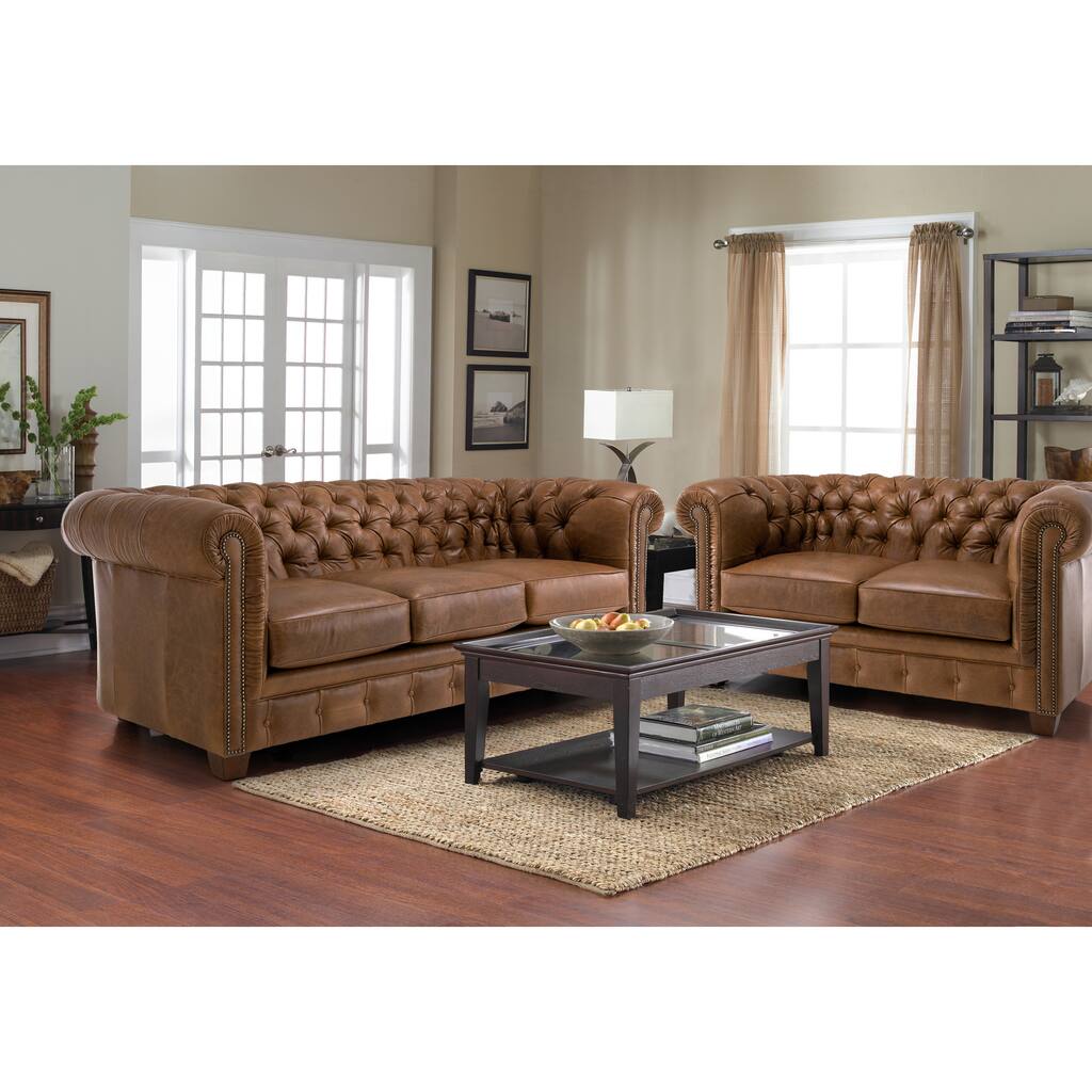 Hancock Tufted Distressed Brown Leather Chesterfield Living Room Sofa Set