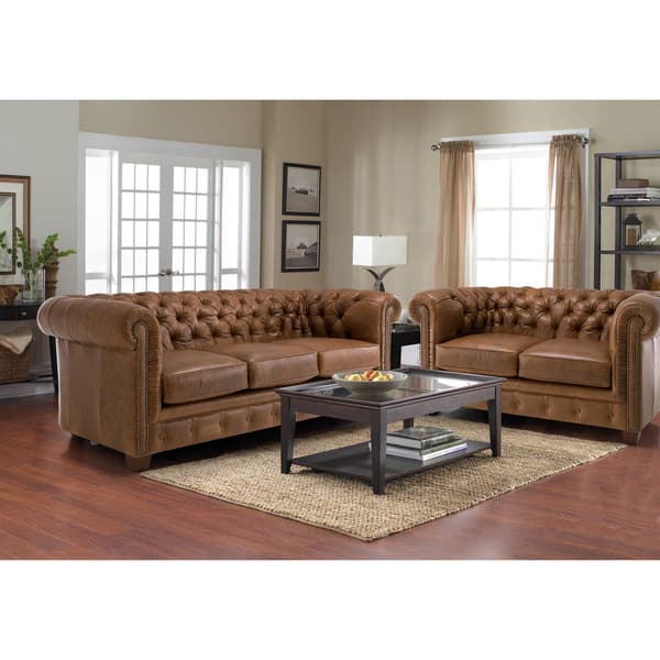 Shop Hancock Tufted Distressed Brown Leather Chesterfield Living