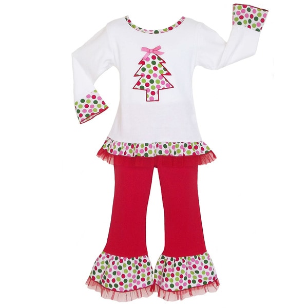 AnnLoren Girls Polka Dot Christmas Tree Tunic and Pant Set