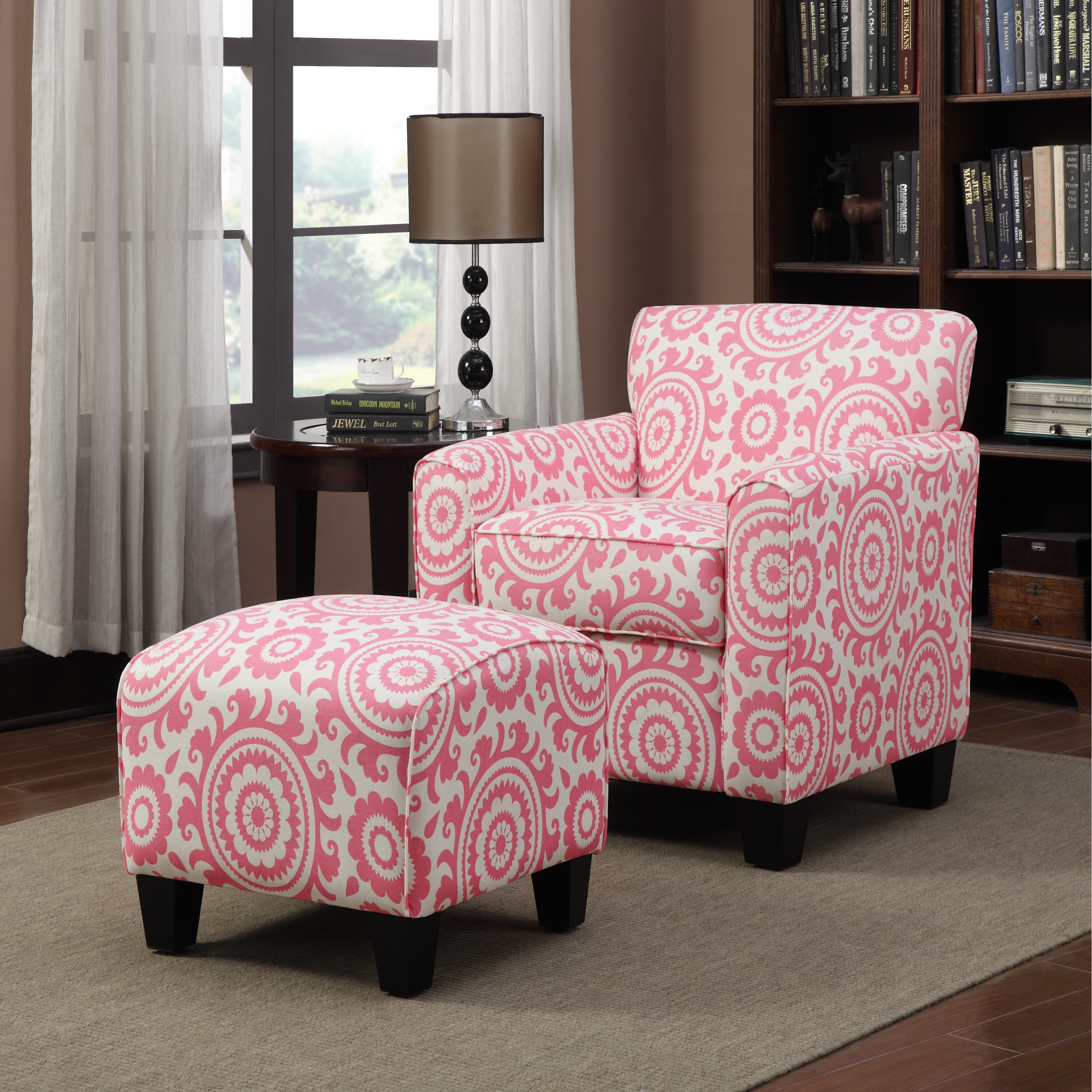 Portfolio Park Avenue Magenta Pink Medallion Arm Chair And Ottoman