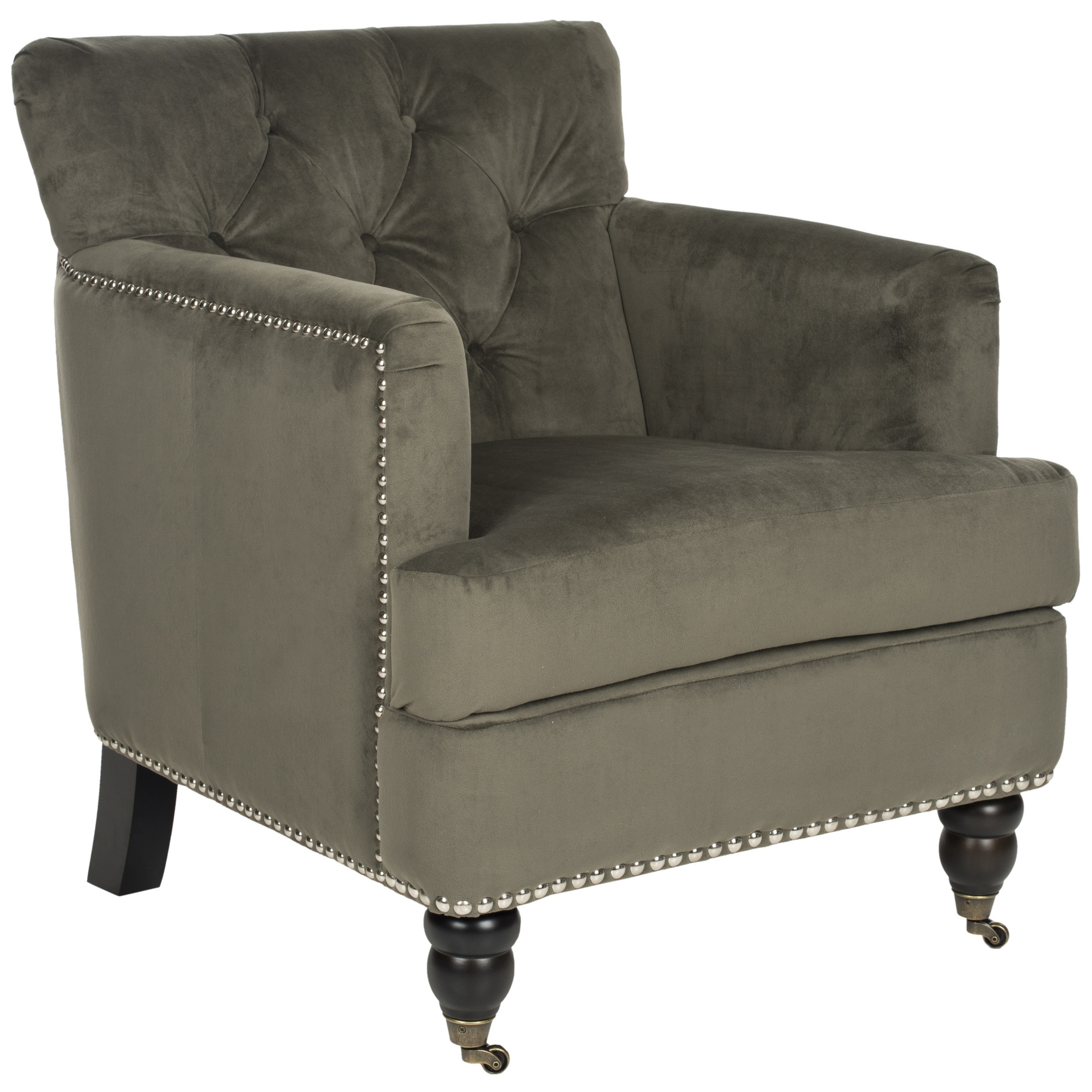 Safavieh Colin Graphite Cotton Tufted Club Chair (GraphiteMaterials Birchwood and cotton fabricFinish EspressoSeat dimensions 18.9 inches width and 21.6 inches depthSeat height 18.9 inchesDimensions 32.7 inches high x 28 inches wide x 34.4 inches dee