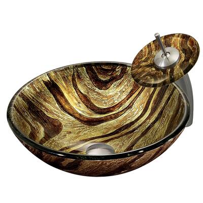 VIGO Zebra Glass Vessel Sink and Brushed Nickel Waterfall Faucet Set