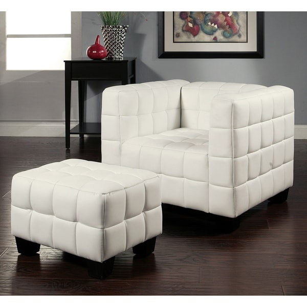 Abbyson Living Firenze White Top Grain Leather Chair and Ottoman Set ...