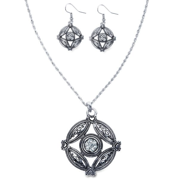 Silvertone Crystal Antiqued Heart Medallion Jewelry Set