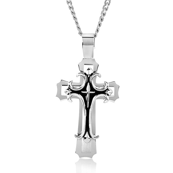 Stainless Steel Men's Layered Cross Necklace - White