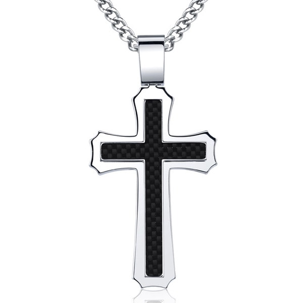 Stainless Steel Mens Layered Cross/ Carbon Fiber Necklace  