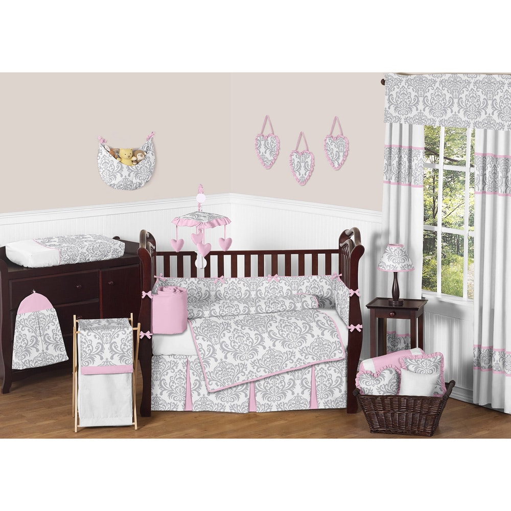 Sweet Jojo Designs Elizabeth Baby 9 piece Crib Bedding Set (100 percent cottonCare instructions Machine washDimensionsBlanket 36 inches wide x 45 inches longValances (each) 15 inches wide x 54 inches longCrib bumper 10 inches wide x 158 inches longCr
