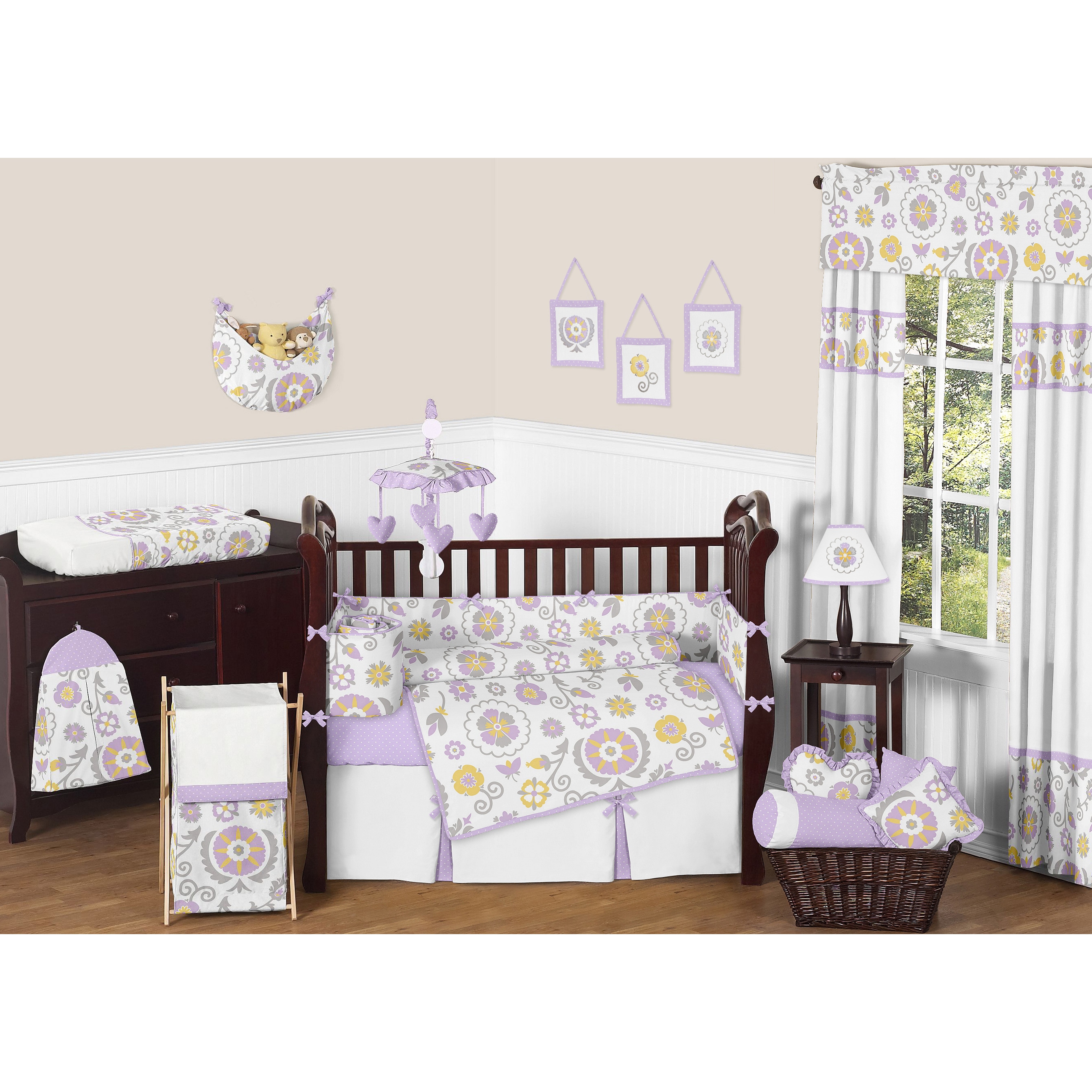 Sweet Jojo Designs Suzanna 9 piece Crib Bedding Set (100 percent cottonCare instructions Machine washDimensionsBlanket 36 inches wide x 45 inches longWindow valance (each) 15 inches wide x 54 inches longCrib bumper 10 inches wide x 158 inches longCrib