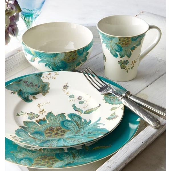 Dishes Plates and Bowls Teal 24-Piece Vintage Floral Dinnerware Porcelain Set 