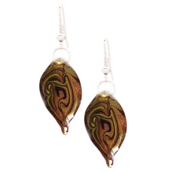 Murano Glass Black, Gold and Yellow Swirl Twist Earrings   15490158