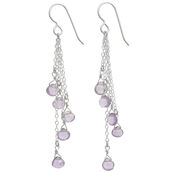 Handmade Pink Amethyst Briolette Silver Gemstone Long Earrings (Sri Lanka). Opens flyout.