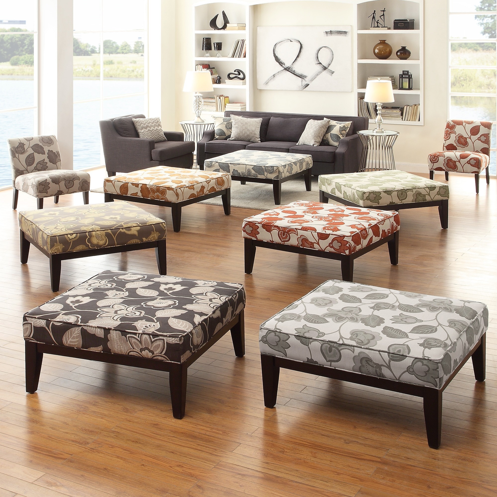 Inspire Q Ashland 36 inch Grey Floral Upholstered Cocktail Ottoman