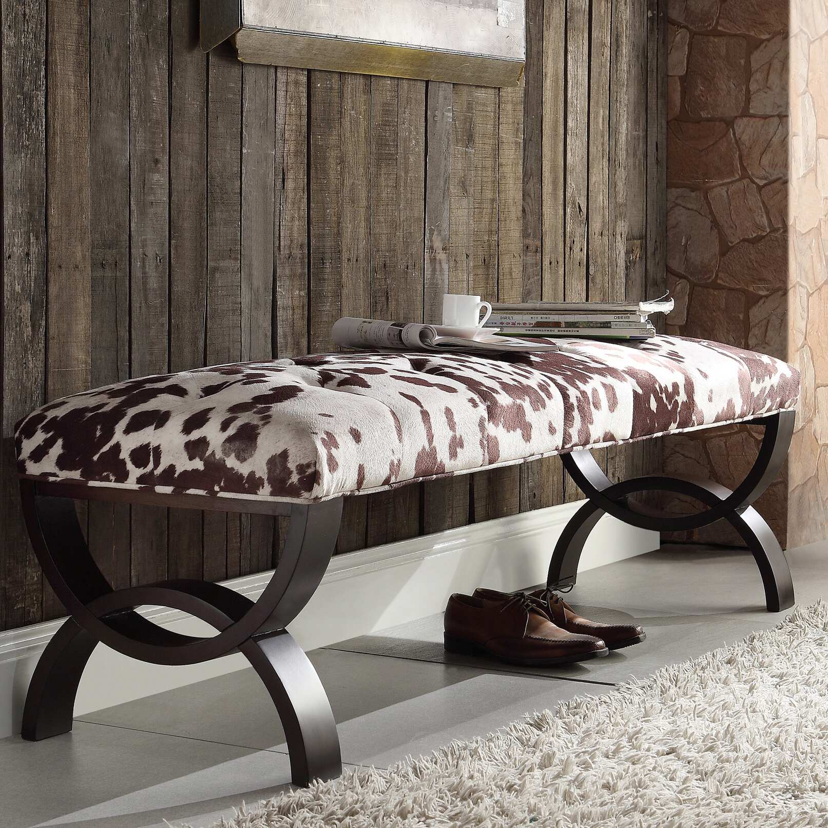 Inspire Q Wellington Cowhide Print Arched Base Bench