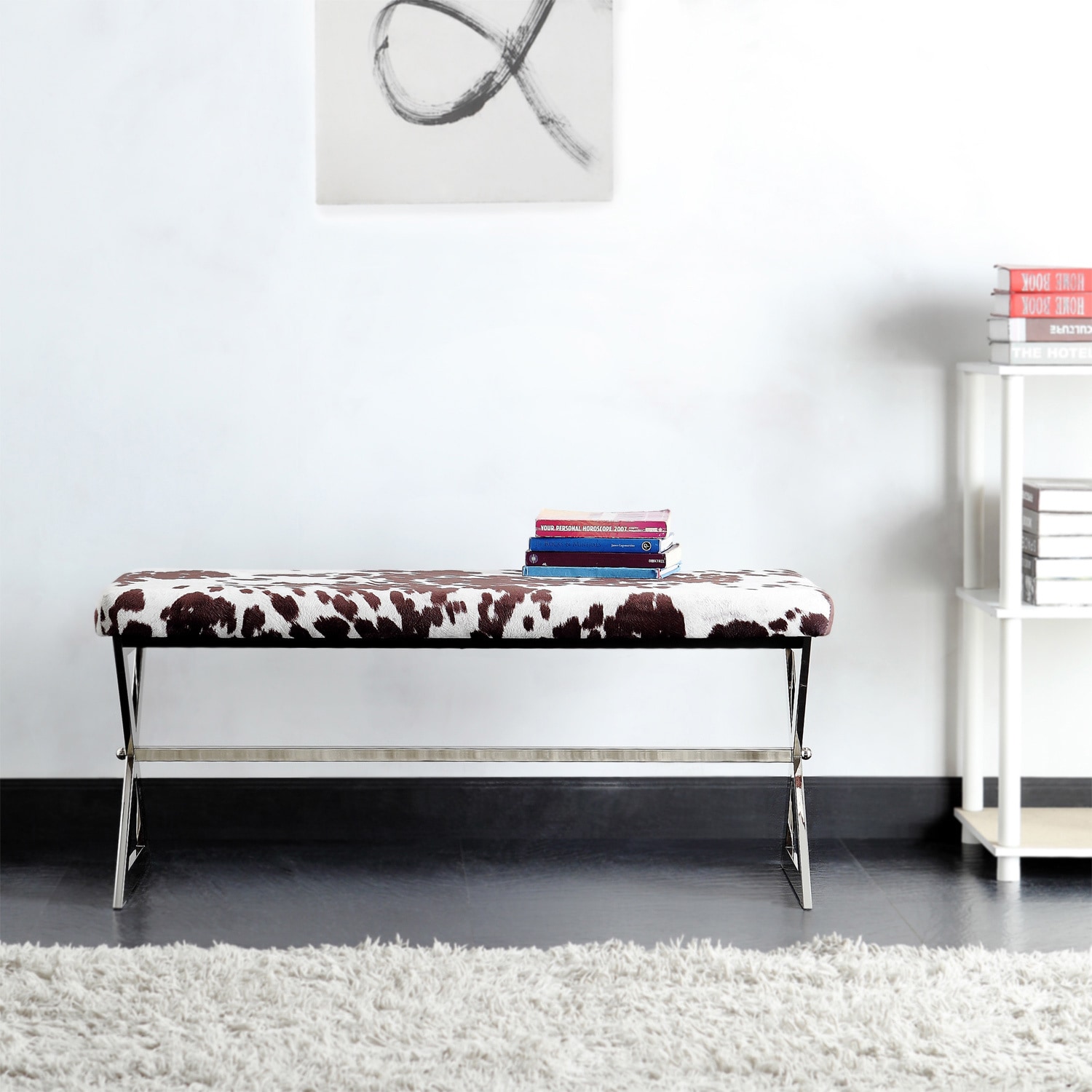 Inspire Q Santos Contemporary Chrome Finish Cow Hide Fabric X base Bench