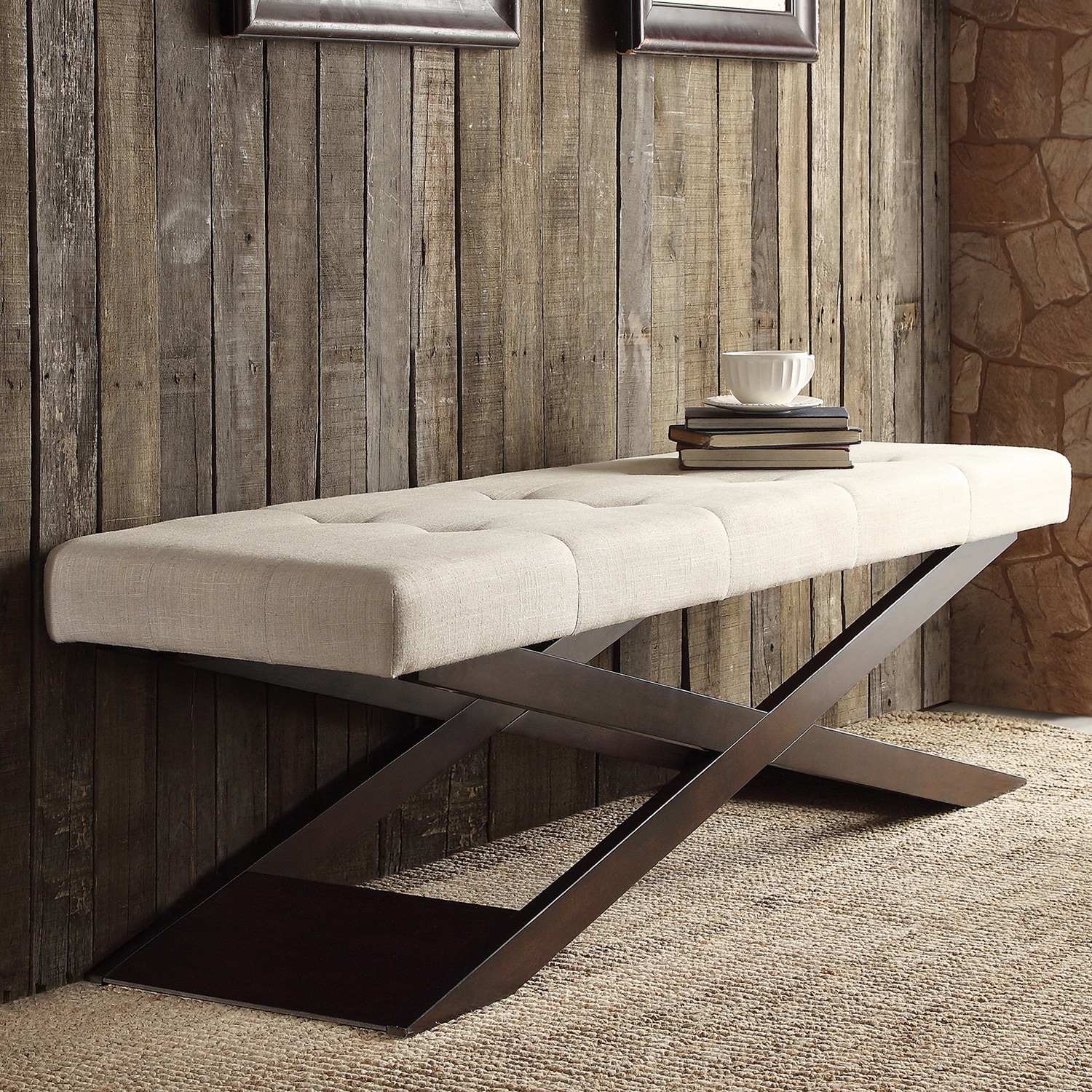 Inspire Q Bosworth Beige Linen Wood X Base Bench