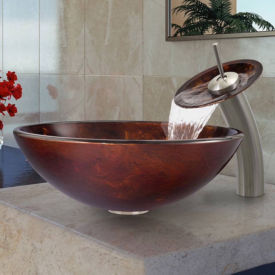 VIGO Brown and Gold Fusion Glass Vessel Sink and Waterfall Faucet Set in Brushed Nickel