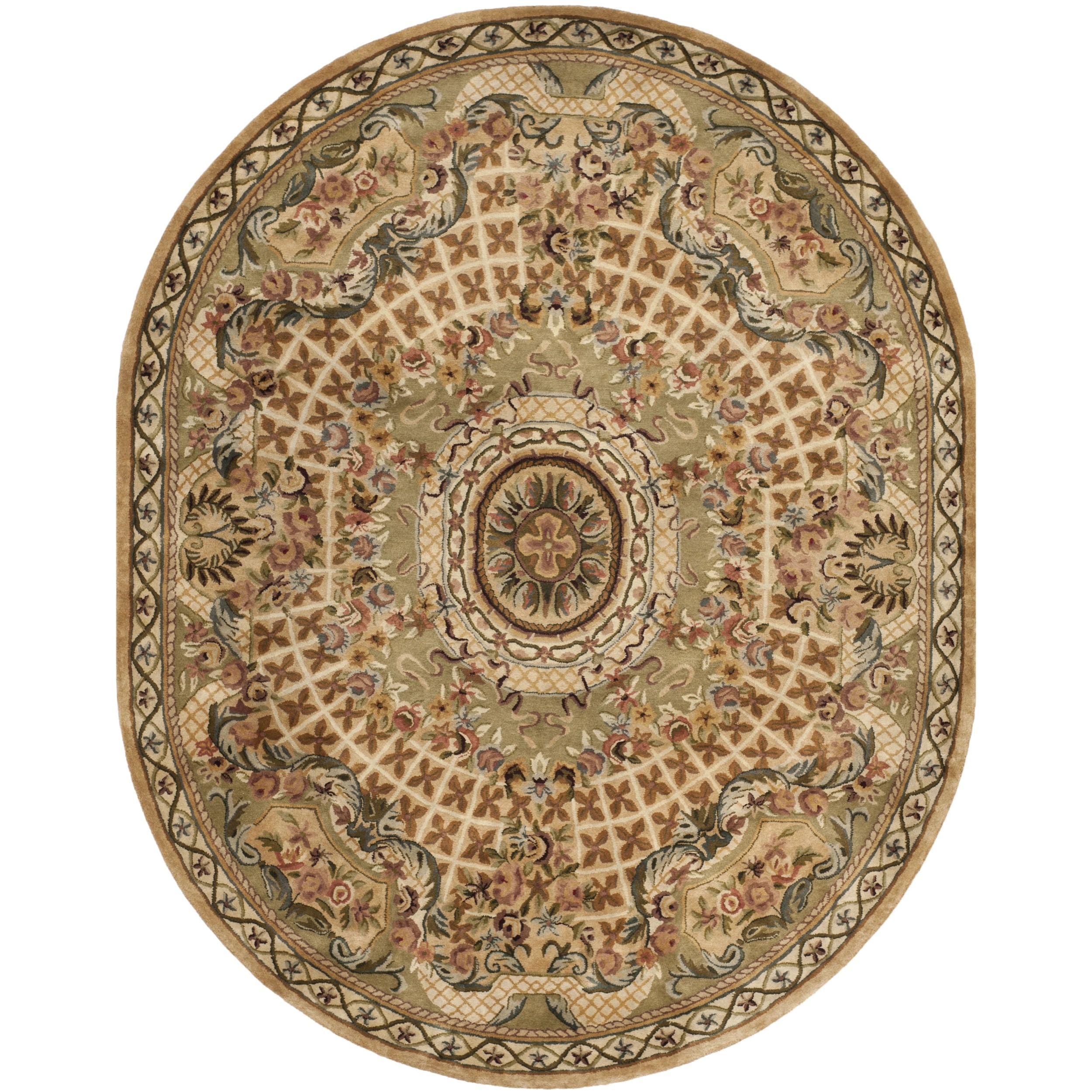 Safavieh Hand made Classic Taupe/ Light Green Wool Rug (76 X 96 Oval)