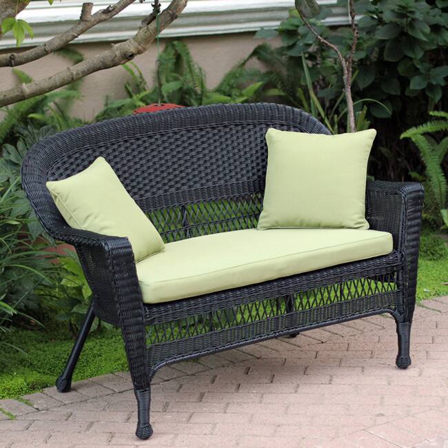 Wicker Black Finish Patio Loveseat with Cushion and Pillows