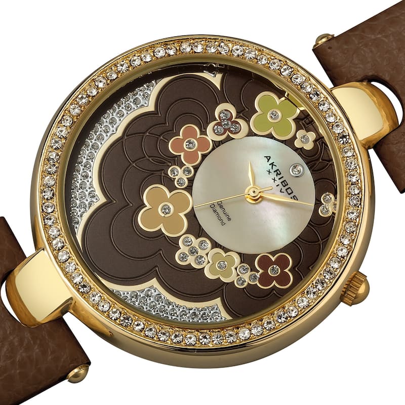 Akribos XXIV Women's Swiss Quartz Leather Brown Strap Flower Dial Watch - green/multi/silver - green/multi/silver