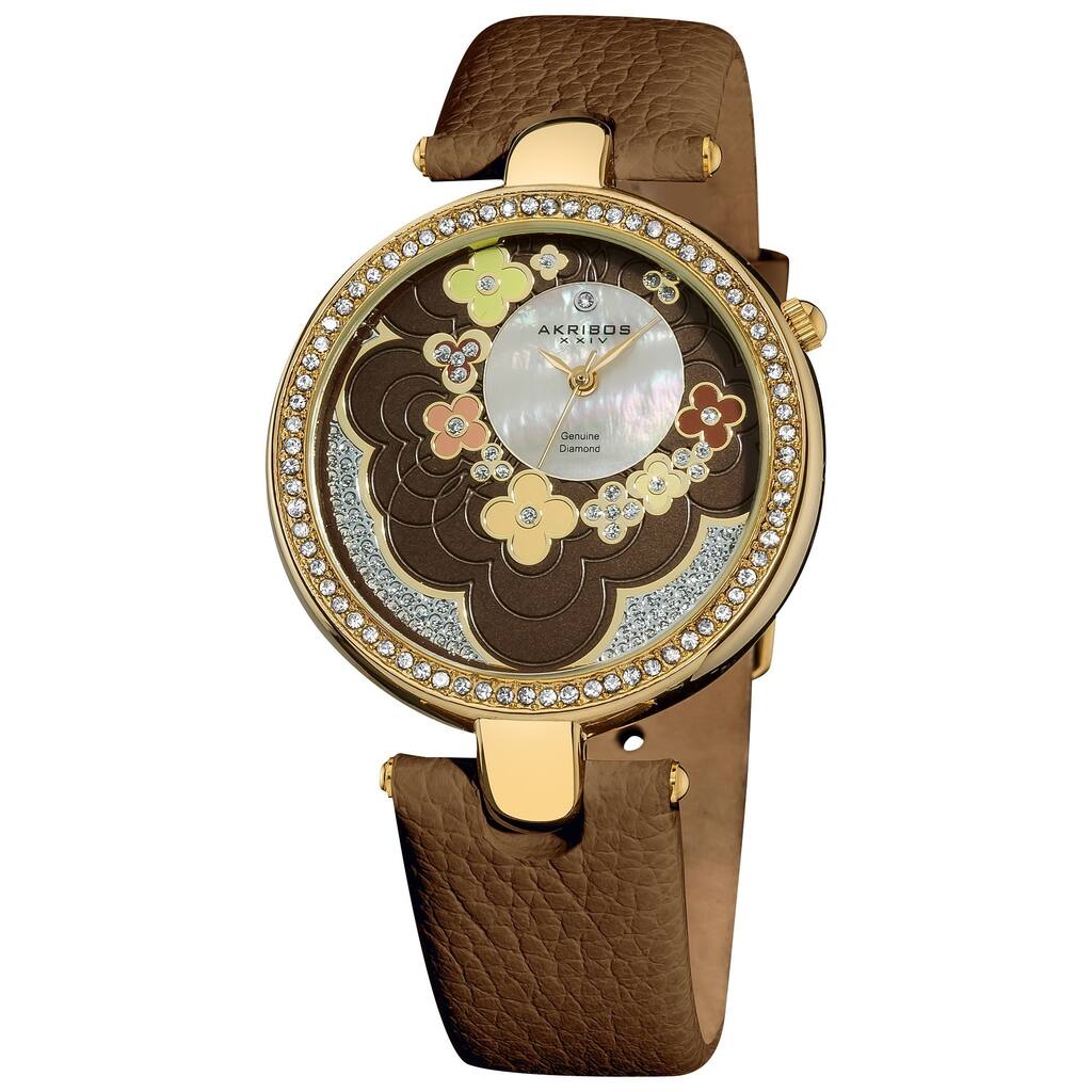 Akribos XXIV Women's Swiss Quartz Leather Brown Strap Flower Dial Watch - green/multi/silver - green/multi/silver