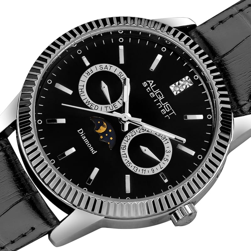 August Steiner Men's Swiss Quartz Multifunction Diamond Black Strap Watch