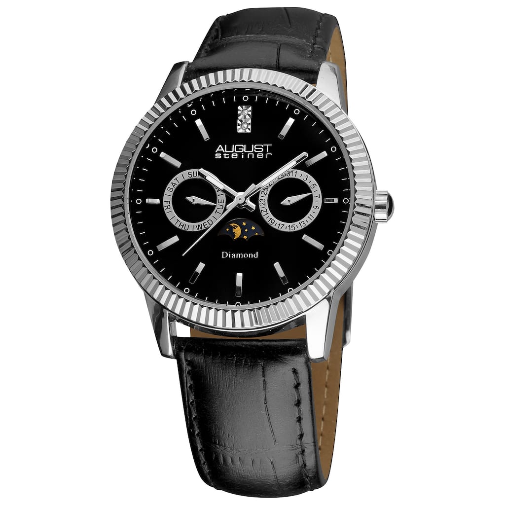 August Steiner Men's Swiss Quartz Multifunction Diamond Black Strap Watch