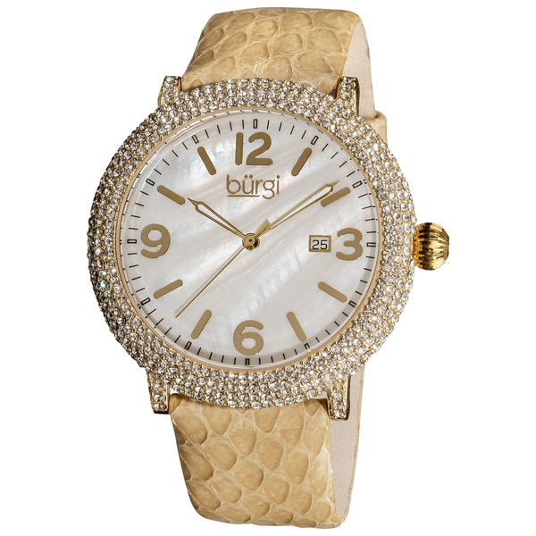 Burgi Women's Swiss Quartz MOP Dial Genuine Leather Strap Watch Burgi Women's Burgi Watches