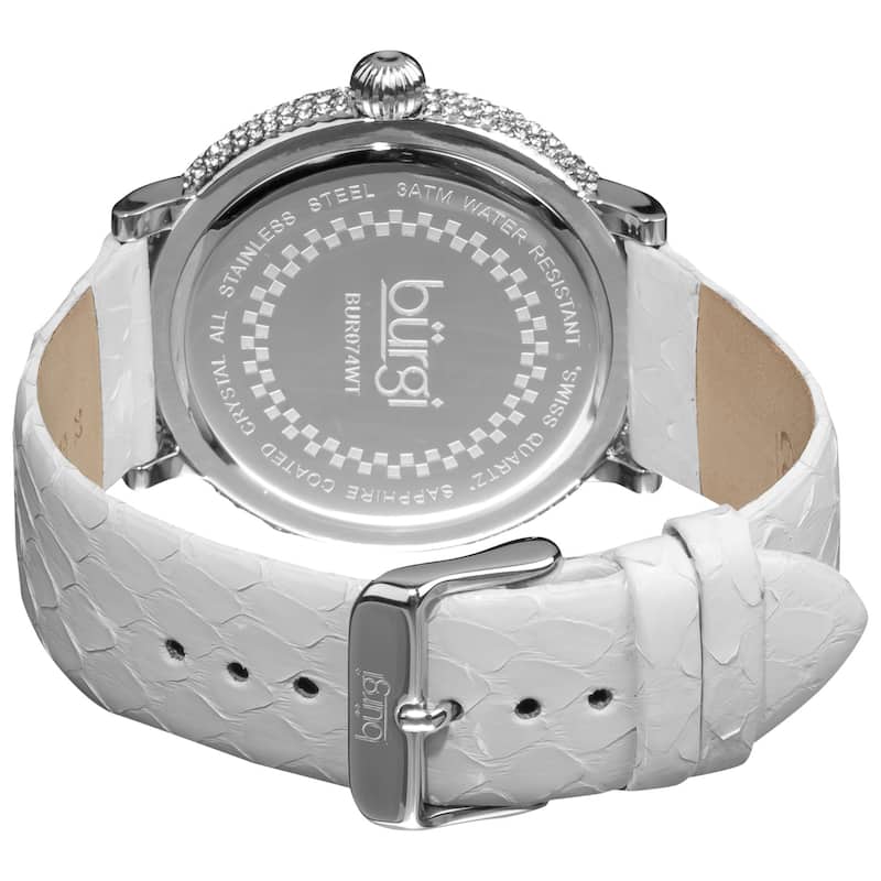 Burgi Women's Swiss Quartz Dial Leather White Strap Water-resistant Watch - silver
