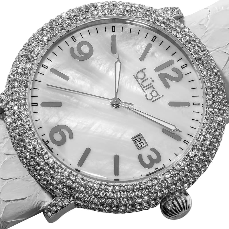 Burgi Women's Swiss Quartz Dial Leather White Strap Water-resistant Watch - silver