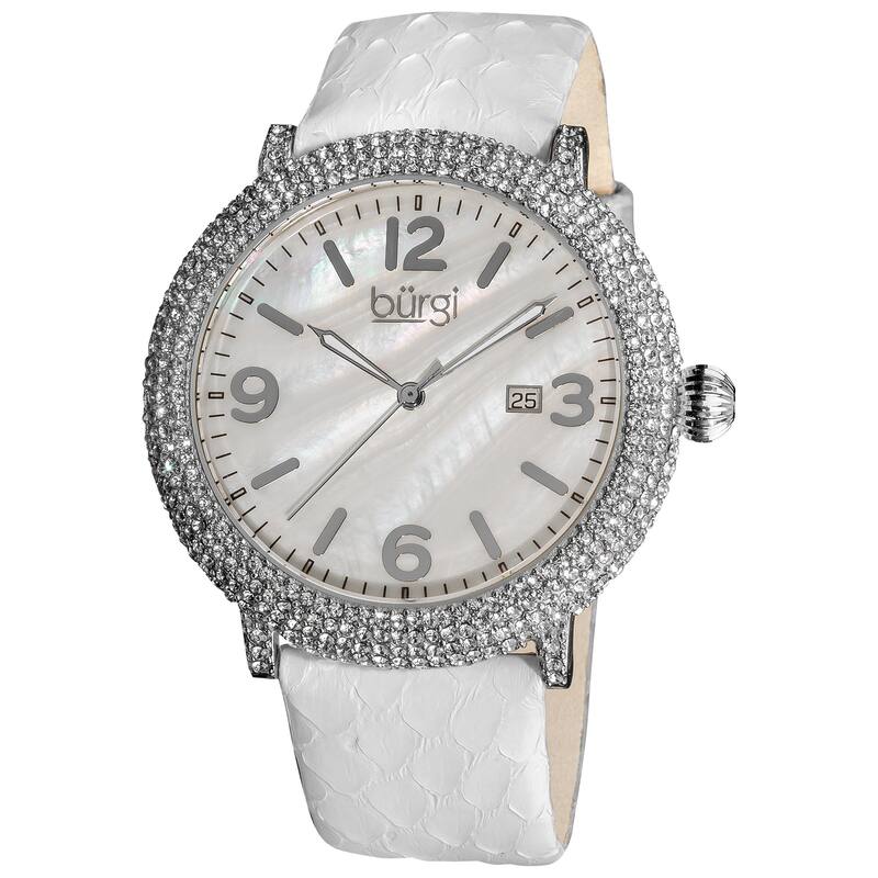 Burgi Women's Swiss Quartz Dial Leather White Strap Water-resistant Watch - silver