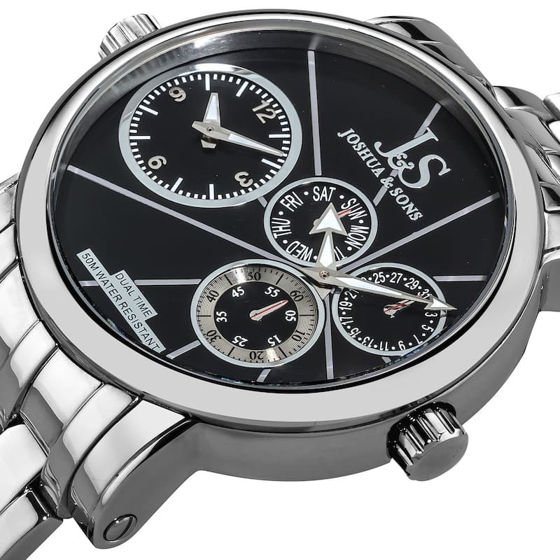 Joshua & Sons Men's Dual Time Stainless Steel Black Watch - silver