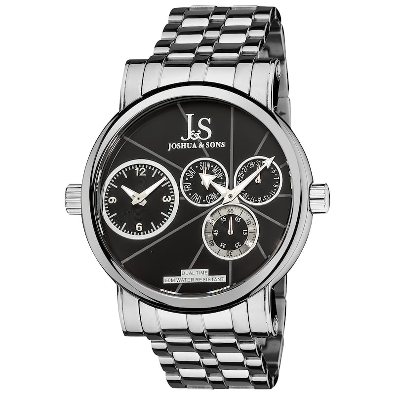Joshua & Sons Men's Dual Time Stainless Steel Black Watch - silver