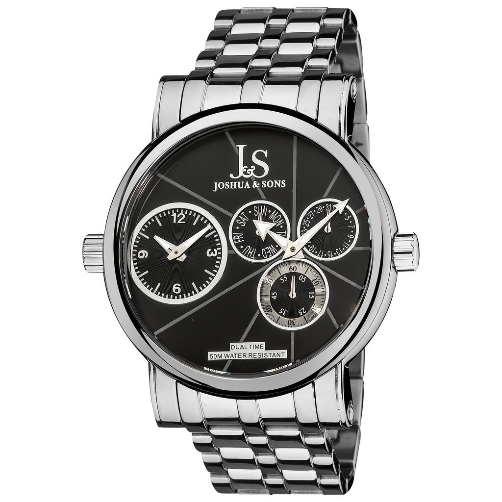 Joshua & Sons Men's Dual Time Stainless Steel Black Watch - silver