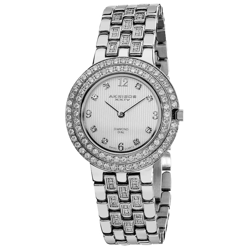 Akribos XXIV Women's Swiss Quartz Diamond Stainless Steel Silver-Tone Bracelet Watch - WHITE
