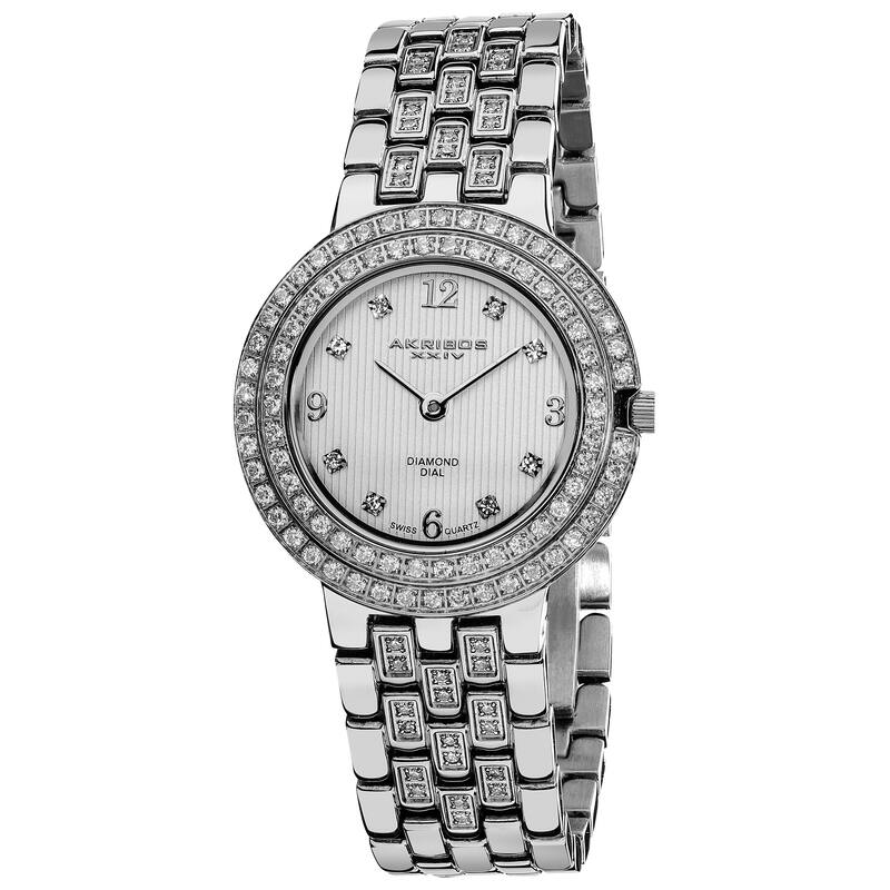 Akribos XXIV Women's Swiss Quartz Diamond Stainless Steel Silver-Tone Bracelet Watch - WHITE