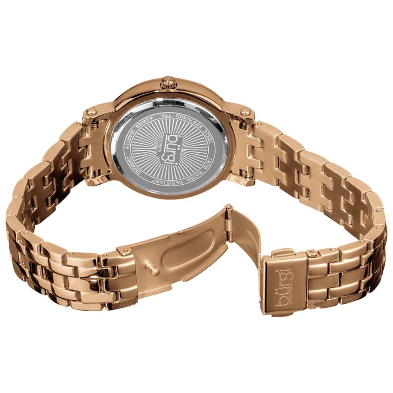 Burgi Women's Diamond Mother of Pearl Dial Stainless Steel Rose-Tone Bracelet Watch - White