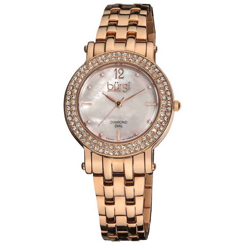 Burgi Women's Diamond Mother of Pearl Dial Stainless Steel Rose-Tone Bracelet Watch - White