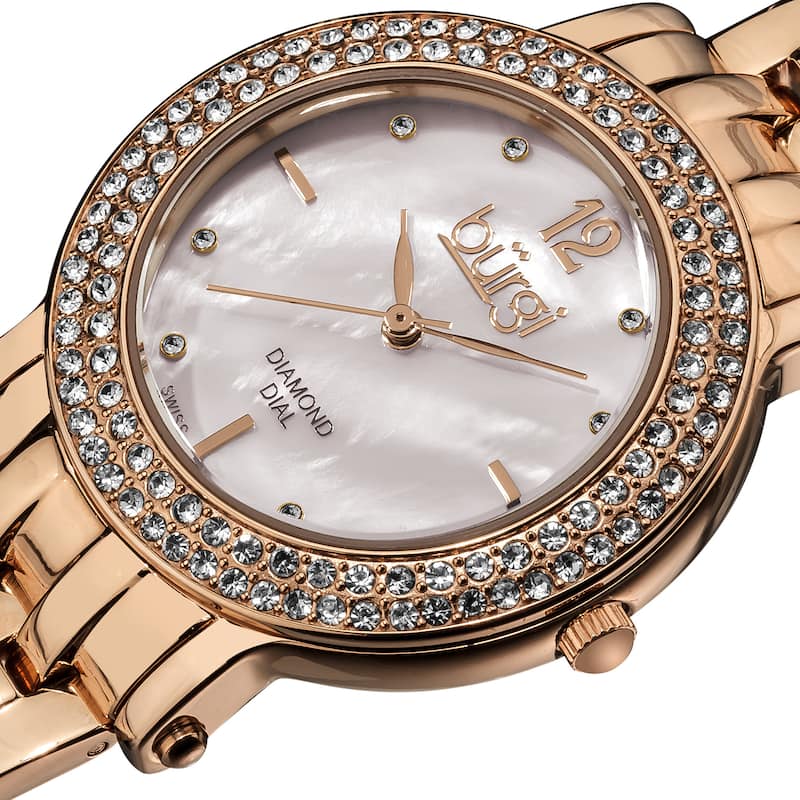 Burgi Women's Diamond Mother of Pearl Dial Stainless Steel Rose-Tone Bracelet Watch - White
