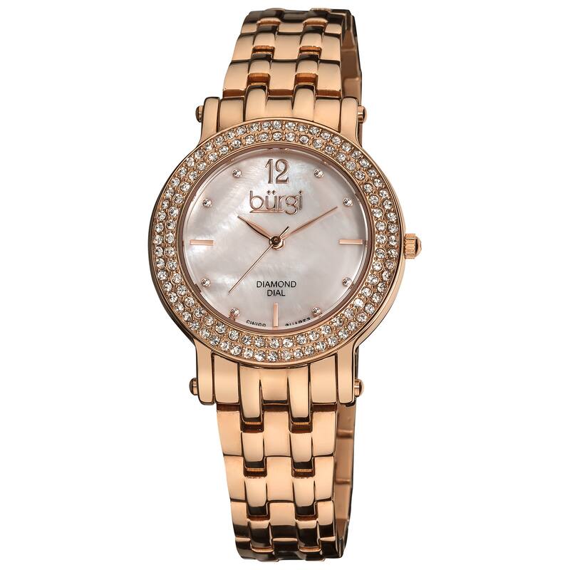Burgi Women's Diamond Mother of Pearl Dial Stainless Steel Rose-Tone Bracelet Watch - White