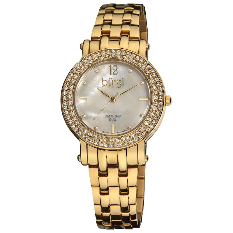 Burgi Women's Diamond Mother of Pearl Dial Stainless Steel Gold-Tone Bracelet Watch - White