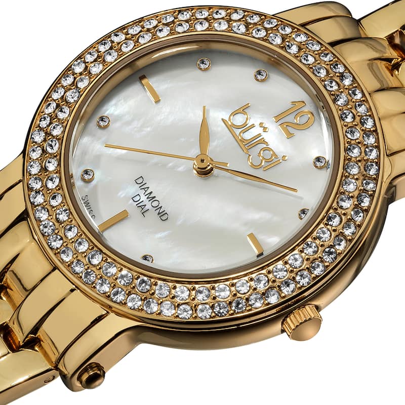Burgi Women's Diamond Mother of Pearl Dial Stainless Steel Gold-Tone Bracelet Watch - White