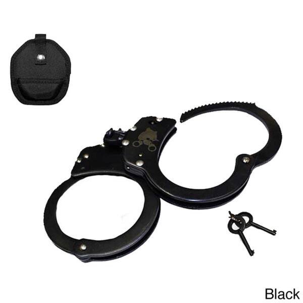 Double Lock Chained Handcuffs Black Steel Carrying Pu Leather Case