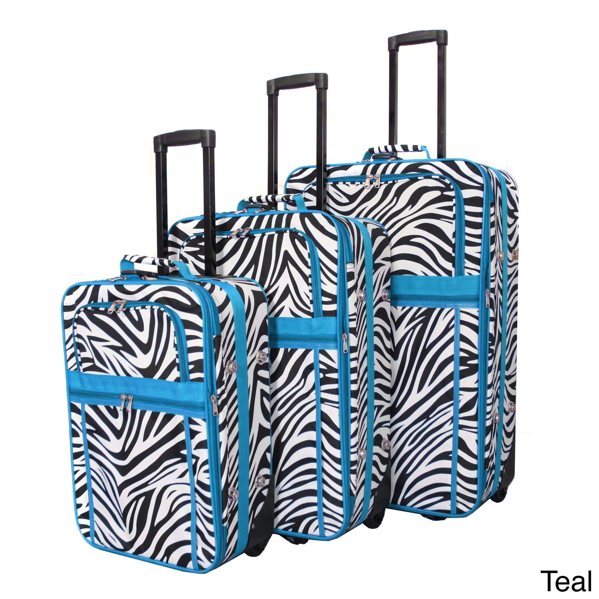 World Traveler Designer Zebra Prints 3 piece Expandable Luggage Set (Black, pink, teal, lavander, lime, red, purple, orangeMaterials 600D heavy duty polyesterPockets Two (2) front full size zipperWeight 28 inch upright (8.3 pound), 24 inch upright (7 p