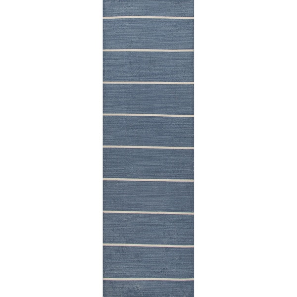 Handmade Flat Weave Stripe Pattern Blue Wool Rug (26 x 8)   15510695