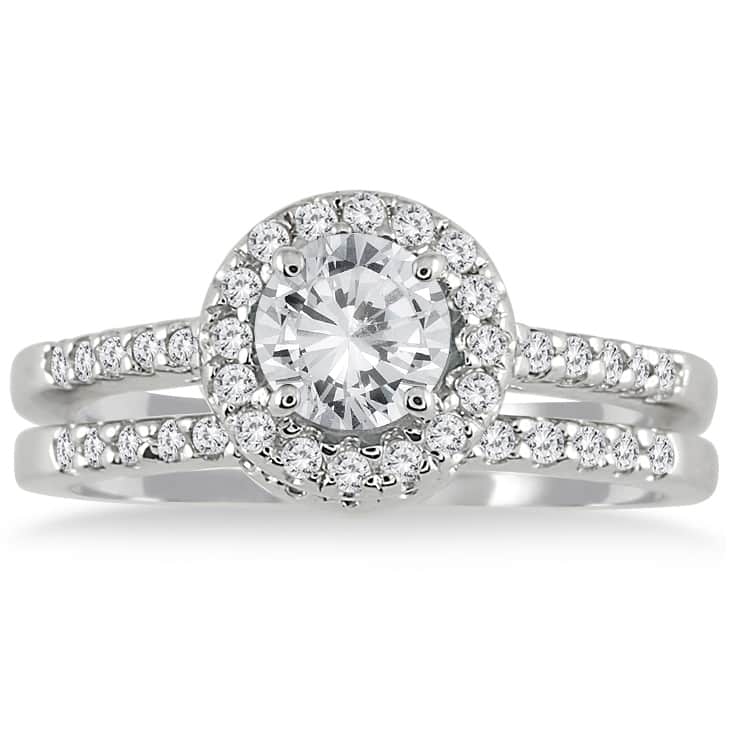 10k White Gold 1 1/6 Carat TDW White Diamond Halo Bridal Set - 6