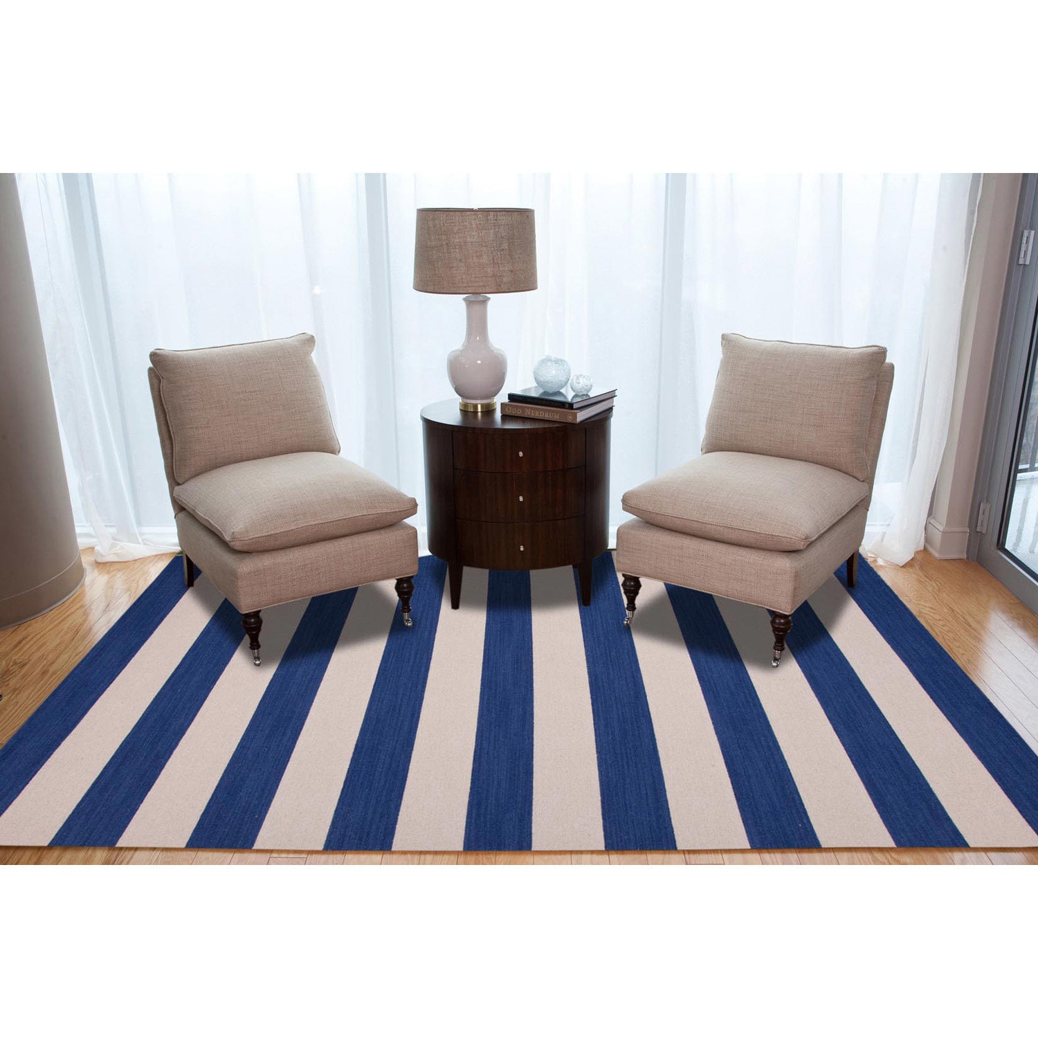 Reversible Handmade Flat weave Stripe pattern Blue Rug (9 X 12)